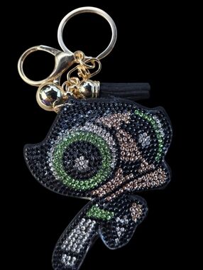 Crystal Power Puff Girl Baf Charm Keychain Charm - Black and Green